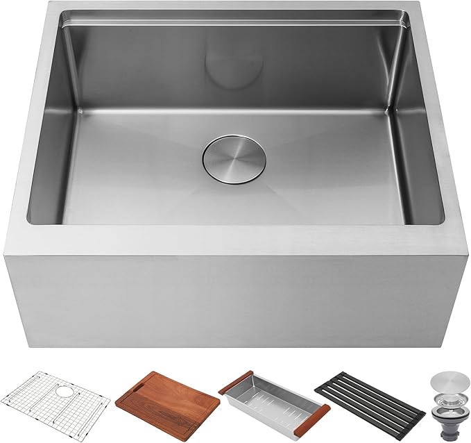 26-Inch Farmhouse Kitchen Sink, 16 Gauge Stainless Steel Farm Sink, Undermount Single Bowl, Brushed Finish, Deep Basin, Workstation Design with Accessories (Stainless Steel, 26" x 22" x 10")