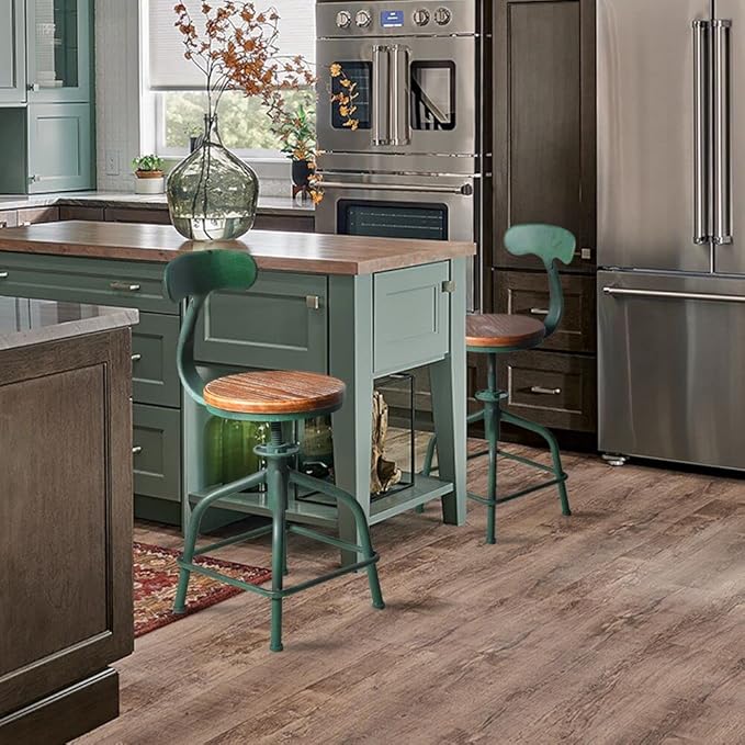 Topower 3-Piece Pub Bar Set Industrial Round Bar Table and Adjustable Swivel Stools with Backrest for 2 Match Bar Height and Counter Barstool Antique Green 1 Table + 2 Chairs