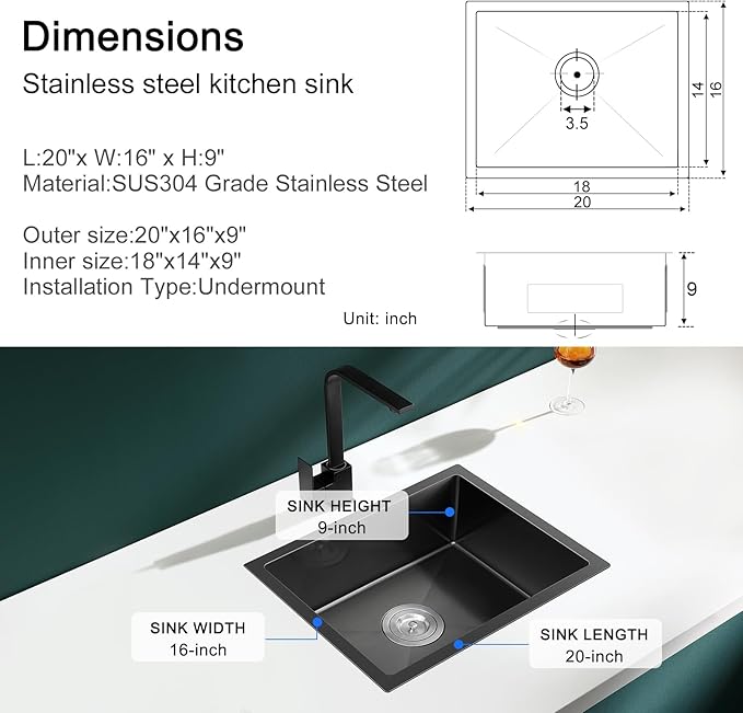 MENATT 20-Inch Undermount Kitchen Sink Black, 18 Gauge Handmade Stainless Steel Single Bowl Kitchen Sink Undermount (20x16x9 Inch)