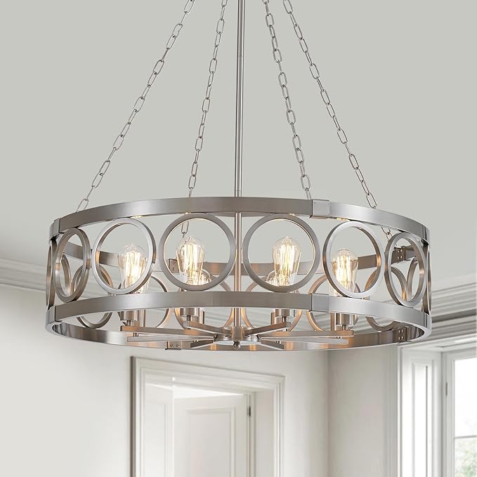 XINGQI Large Drum Chandelier 32.3" Brushed Nickel Chandeliers for Dining Room, Modern 8-Light Round Pendant Lighting Fixture for Living Room Office Kitchen Island