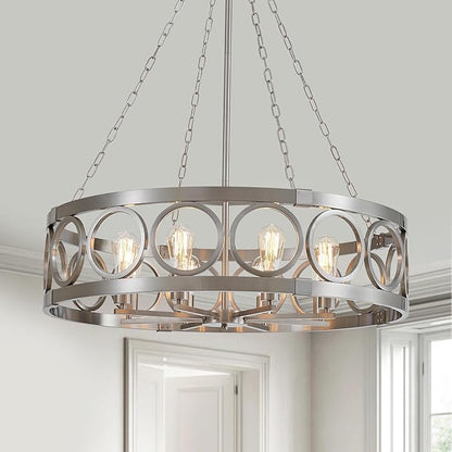 XINGQI Large Drum Chandelier 32.3" Brushed Nickel Chandeliers for Dining Room, Modern 8-Light Round Pendant Lighting Fixture for Living Room Office Kitchen Island