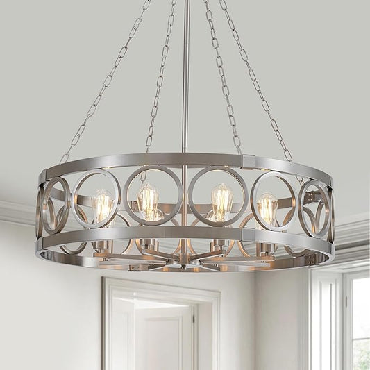XINGQI Large Drum Chandelier 32.3" Brushed Nickel Chandeliers for Dining Room, Modern 8-Light Round Pendant Lighting Fixture for Living Room Office Kitchen Island