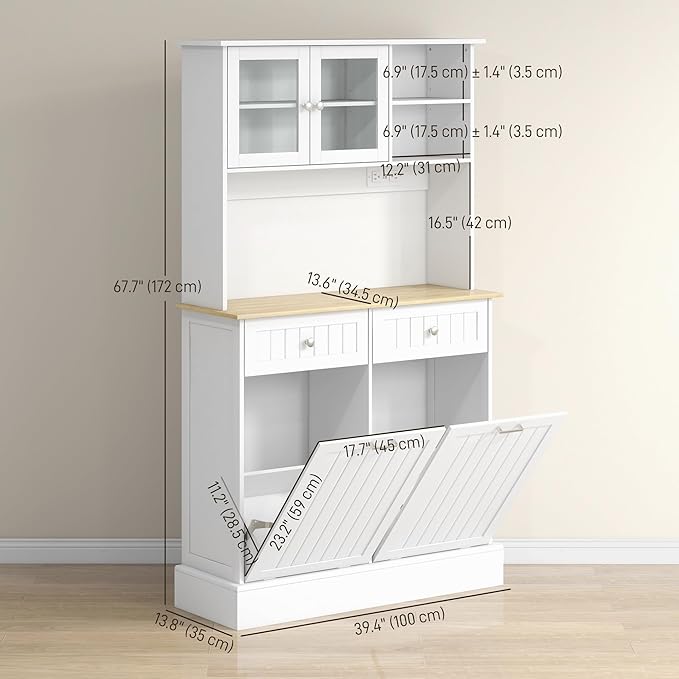 HOMCOM 68" Kitchen Pantry Storage Cabinet with Charging Station, 2 Tilt Out 10 Gallon Trash Can Cabinets and Drawers, Freestanding Kitchen Hutch with Glass Doors and Adjustable Shelf, White