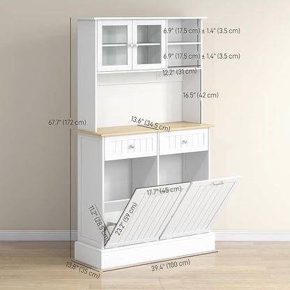 HOMCOM 68" Kitchen Pantry Storage Cabinet with Charging Station, 2 Tilt Out 10 Gallon Trash Can Cabinets and Drawers, Freestanding Kitchen Hutch with Glass Doors and Adjustable Shelf, White