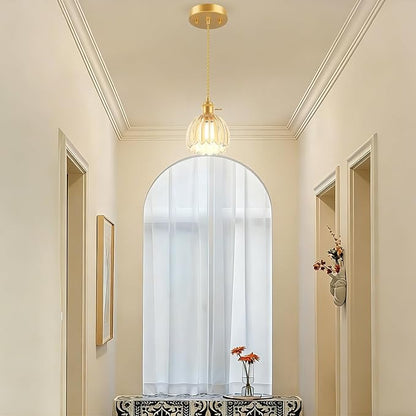 Ralbay 3 Pack Pendant Lights with Amber Tulip Glass Lampshade, Mini Pendant Light Fixture with Switch, Adjustable Vintage Brass Hanging Light for Kitchen Island Bedroom Dining Room Hallway