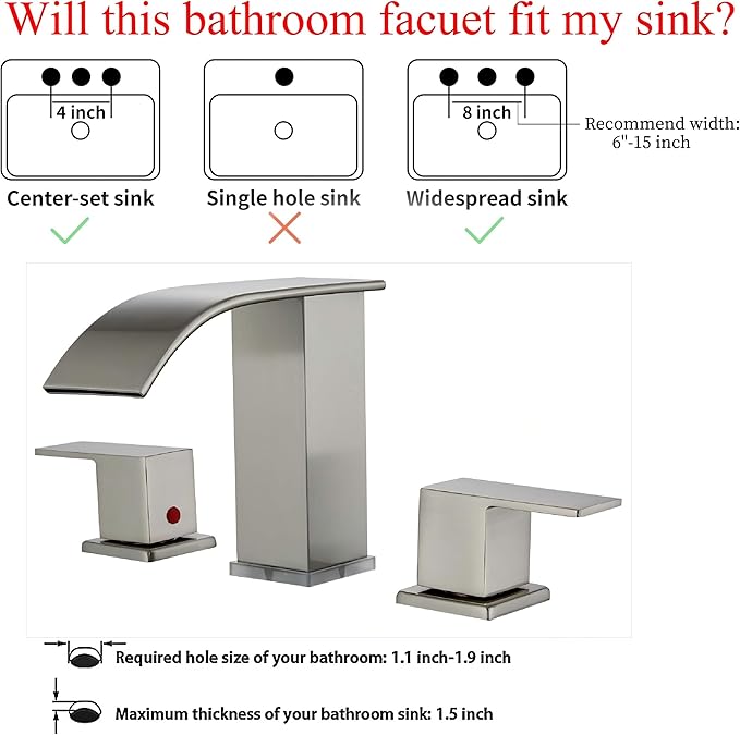 Bathroom faucets 3 Hole Brushed Nickel Vanity Faucet with led Waterfall Bathroom Faucet 3 Hole Sink Faucet Bathroom 8 inch Widespread Modern Parts Touch on 2 Handle