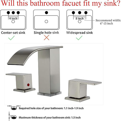 Bathroom faucets 3 Hole Brushed Nickel Vanity Faucet with led Waterfall Bathroom Faucet 3 Hole Sink Faucet Bathroom 8 inch Widespread Modern Parts Touch on 2 Handle