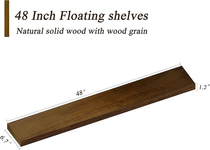 ROGMARS 48 Inches Long Walnut Floating Shelves,Rustic Solid Wood Farmhouse Wall Shelves with Invisible Brackets for Bathroom, Living Room, Bedroom, Kitchen Set of 2
