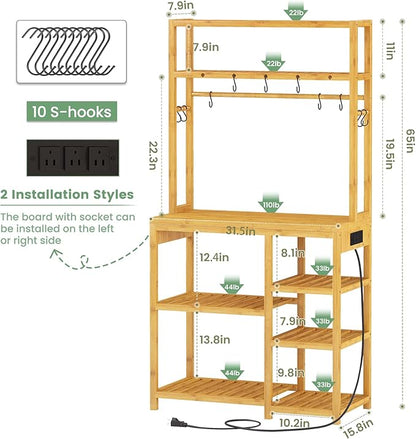 Bakers Rack with Power Outlets, 8-Tier Microwave Stand, Kitchen Utility Storage Shelf 10 S-Shaped Hooks, Coffee Bar Table Station, Standing Rack, 31.5 x 15.7 x 65 Inches, Bamboo