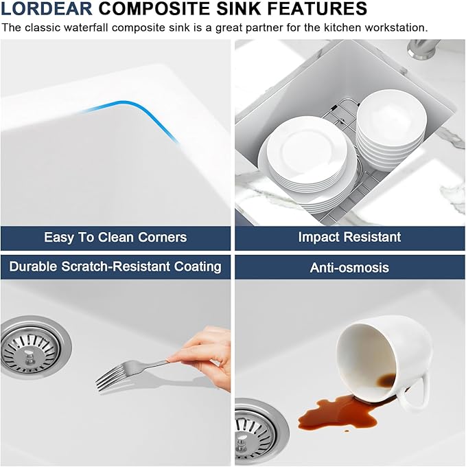 Lordear Granite Composite White Bar Sink 15 x 18 Inch Undermount Kitchen RV Sinks Small Quartz Bar Sink
