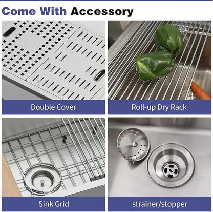 24x18 Inch Kitchen Sink With Dual Cover-Stainless Steel Undermount Single Bowl Kitchen Sink Built-in Ledge Drop In Workstation Sink Fully Covering Sink To Create Temporary Workspace/Drainage Area