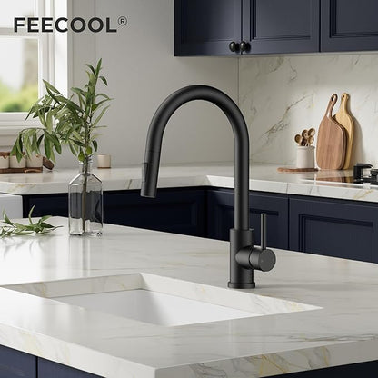 Black Kitchen Faucet with Pull Down Sprayer, Stainless Steel Kitchen Sink Faucet Classic High Arc Single Handle with Deck Plate for 1 or 3 Hole, Fit for Farmhouse Bar Laundry Camper