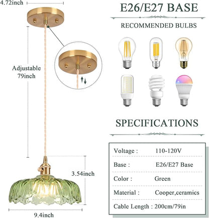 Pendant Lights Kitchen Island,Green Glass Pendant Light Vintage Light Fixtures,9.4inch E26 Finish Ceiling Hanging Lamp for Bedroom Living Room Hallway