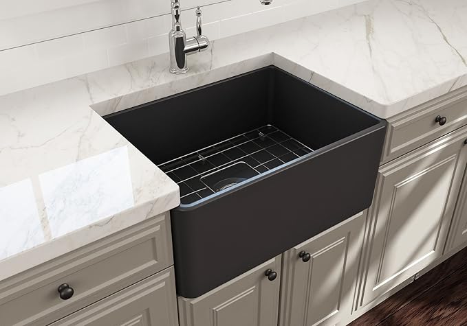 BOCCHI Classico Farmhouse Apron Front Fireclay 24 in. Single Bowl Kitchen Sink with Protective Bottom Grid and Strainer in M.Dark Gray