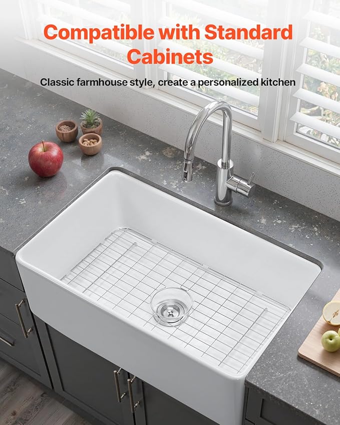 VEVOR 33x20 inch Farmhouse Sink, White Sink Workstation, Fireclay Undermount Basins, Apron Front Single Bowl Basin with Multiple Accessories, Large Capacity Household Dishwasher Sinks for Kitchen