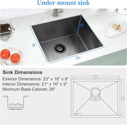 PEPO 23 Inch Undermount Kitchen Sink Black 23x18 Inch 16 Gauge Gunmetal Black Stainless Steel Single Bowl Bar Prep Sink for Outdoor Kitchen