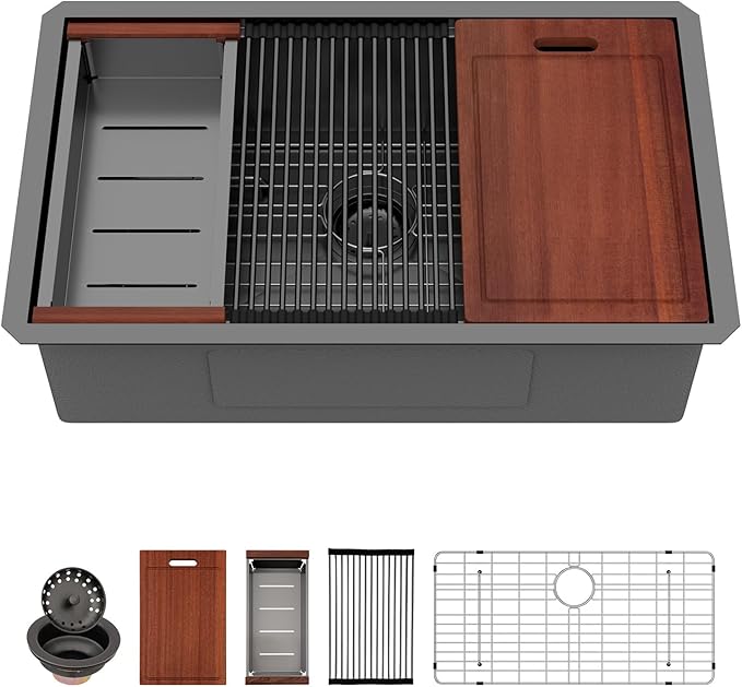 Sarlai 28 Black Stainless Kitchen Sink - 28 x18 Inch Undermount Kitchen Sink Workstation Gunmetal Black 16 Gauge Stainless Steel Single Bowl 10" Deep Under Counter Kitchen Sinks Basin