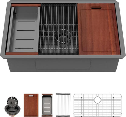 Sarlai 28 Black Stainless Kitchen Sink - 28 x18 Inch Undermount Kitchen Sink Workstation Gunmetal Black 16 Gauge Stainless Steel Single Bowl 10" Deep Under Counter Kitchen Sinks Basin