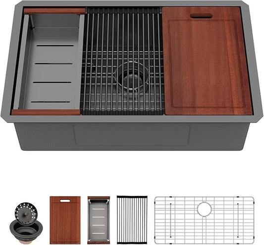 Sarlai 28 Black Stainless Kitchen Sink - 28 x18 Inch Undermount Kitchen Sink Workstation Gunmetal Black 16 Gauge Stainless Steel Single Bowl 10" Deep Under Counter Kitchen Sinks Basin
