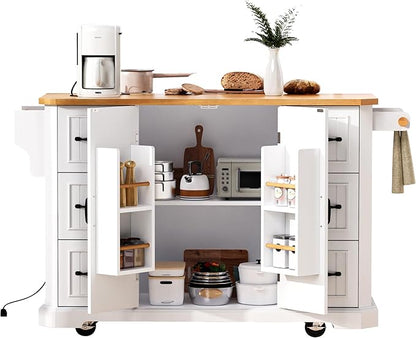 Ball & Cast 56" Large Modern Kitchen Island with Rubber Wood Veneer Drop Leaf, Power Outlet, 6 Drawers, 4 Door Shelves, White