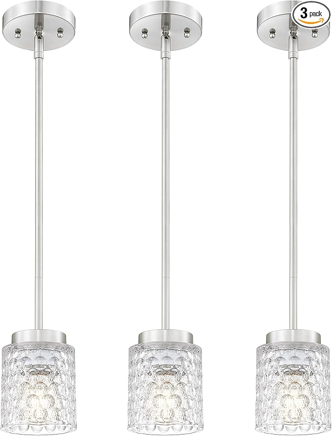 FEMILA 3 Pack Brushed Nickel Pendant Lighting,4" Mini Glass Pendant Light for Kitchen Island, Pendant Light Vintage Light Fixtures for Bedroom, Hotel, Dining Room, 4FY86MIL-3PK BN