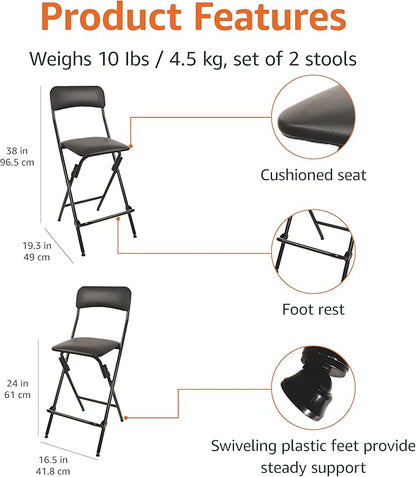 Amazon Basics Folding Bar Stool with Footrest, Portable, Sturdy, Space-Saving Storage, 300lb Capacity, 24" Height, Black, Set of 2