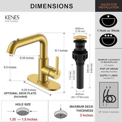 KENES Pull Down Bathroom Faucet with Sprayer, Brushed Gold Single Handle Bathroom Sink Faucet with Pull Out Sprayer, Vanity Bar Faucet with Pop Up Drain & Deck Plate, LJ-9055A-4