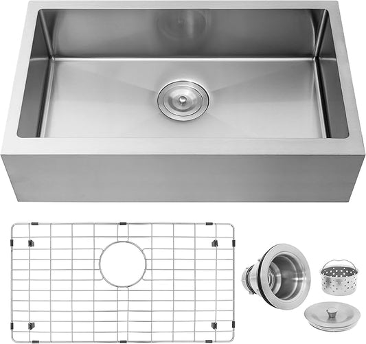 27-Inch Farmhouse Rv Sink, 16 Gauge Stainless Steel Farm Sink, Undermount Single Bowl, Brushed Finish, Deep Basin with Accessories (Stainless Steel, 27" x 16" x 7")