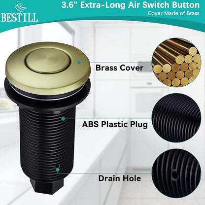 BESTILL Garbage Disposal Air Switch Kit - Professional, UL Listed Brushed Gold 3.6" Long Sink Top On/Off Push Button for Waste Disposer, Brass Made Cover, Compatible with all Garbage Disposals