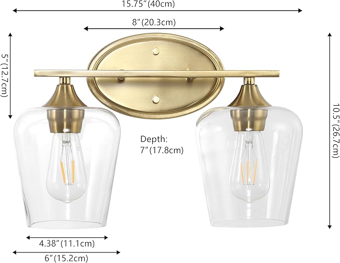 JONATHAN Y 15.75" Brass Gold 2-Light Farmhouse Rustic LED Vanity Light Sconce, Clear Glass Shade, Vintage Indoor Fixture for Bathroom Mirror, LED Bulb Included (JYL7546B)