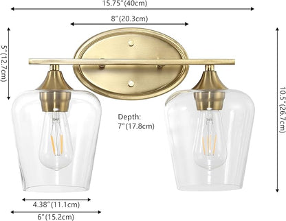 JONATHAN Y 15.75" Brass Gold 2-Light Farmhouse Rustic LED Vanity Light Sconce, Clear Glass Shade, Vintage Indoor Fixture for Bathroom Mirror, LED Bulb Included (JYL7546B)