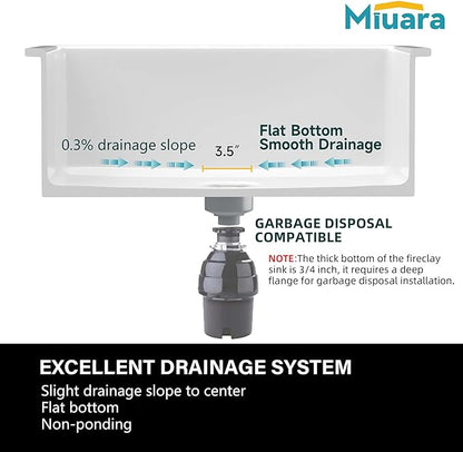 Miuara White Kitchen Sink Drop In 33 Inch 1 Hole - Topmount Fireclay Sink Drop In 33x22, Heavy Duty Large Deep Single Bowl, with 2 Custom Accessories, Glossy White, for Kitchen