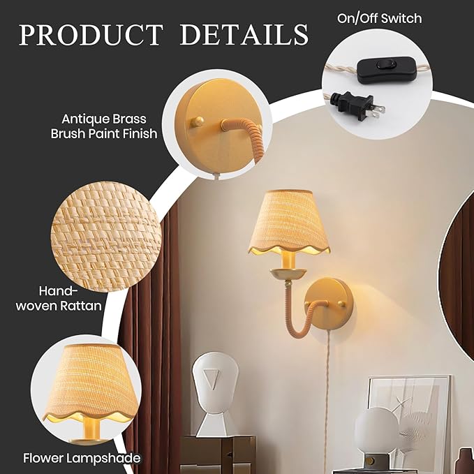 Rattan Wall Sconce,Boho Hand-Woven Gold Wall Light,Rustic Modern Rattan Sconce Lighting,Gold Plug in Wall Lights for Living Room,Bedroom,Hallway,Vanity,1-Light