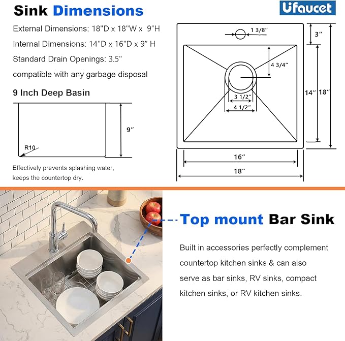 18x18 Inch Drop In Bar Sinks, Stainless Steel Top Mount Single Bowl Kitchen Prep Sink Wet Bar Laundry Outdoor RV Patio Sink with Cutting Board