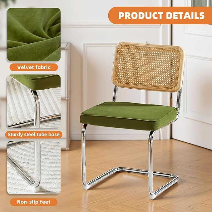 Rattan Back Velvet Dining Chair Set of 2 Modern Stainless Chrome Base Armless Upholstered Side Chair for Dining Room, Kitchen Island, Olive Green