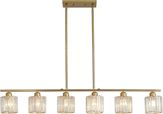6 Lights Kitchen Island Lighting Linear Farmhouse Chandelier Modern Pendant Light Fixture Industrial Hanging Lighting with Glass Shades Gold for Barn Living Dining Room Hallway
