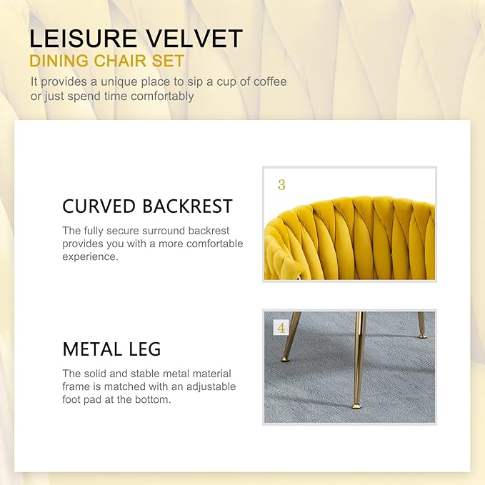 Nrizc Woven Dining Chairs Set of 6, Velvet Upholstered Dining Chairs with Gold Metal Legs, Modern Accent Chairs for Living Room, Dining Room, Kitchen (Yellow)