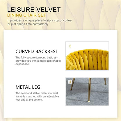 Nrizc Woven Dining Chairs Set of 2, Velvet Upholstered Dining Chairs with Gold Metal Legs, Modern Accent Chairs for Living Room, Dining Room, Kitchen (Yellow)