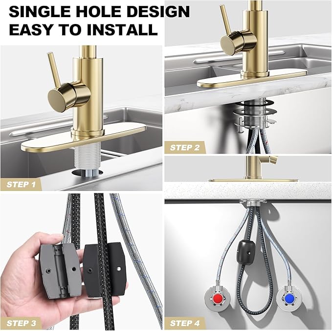 AVSIILE Brushed Gold Waterfall Kitchen Faucets with Pull Down Sprayer & Soap Dispenser, Single Hole & Handle, Pull Out Tap, Stainless Steel Sink Faucet, Suitable for Farmhouse Camper Laundry Rv Bar