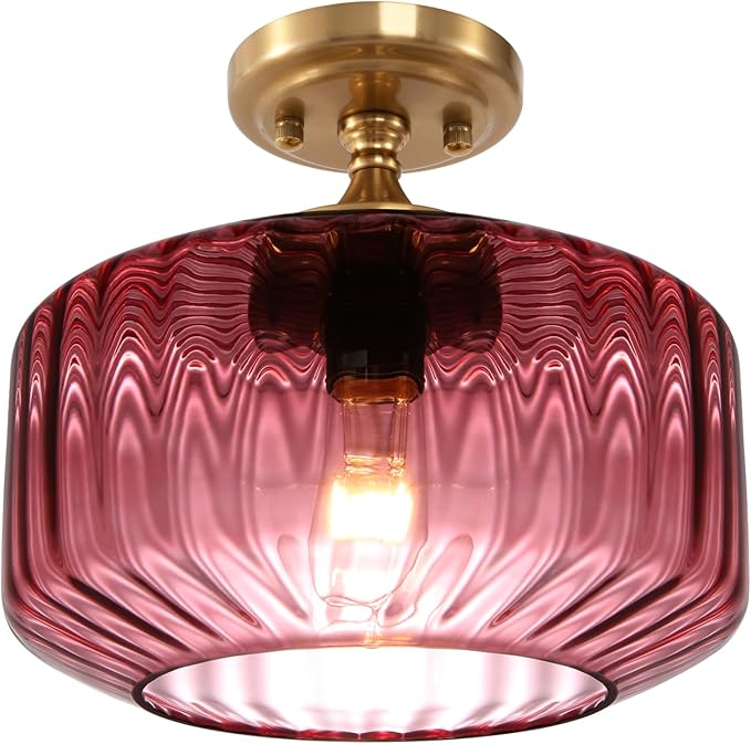 Vintage Gold Bathroom Ceiling Light Flush Mount Overhead Light with Purple Ribbed Glass Shade Industrial Ceiling Lamp for Hallway Foyer Porch Kitchen Bedroom