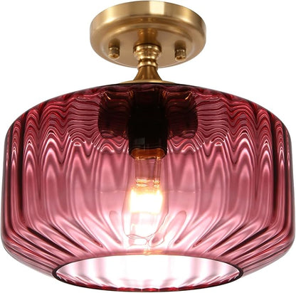 Vintage Gold Bathroom Ceiling Light Flush Mount Overhead Light with Purple Ribbed Glass Shade Industrial Ceiling Lamp for Hallway Foyer Porch Kitchen Bedroom