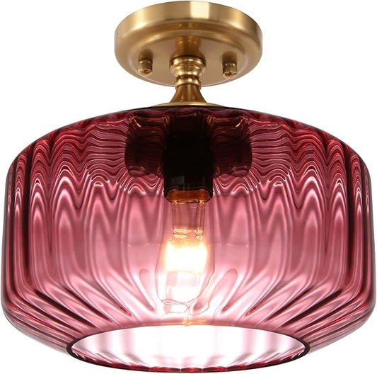 Vintage Gold Bathroom Ceiling Light Flush Mount Overhead Light with Purple Ribbed Glass Shade Industrial Ceiling Lamp for Hallway Foyer Porch Kitchen Bedroom