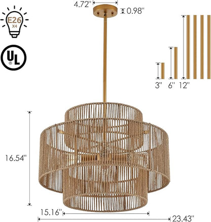 24” Boho Hand Woven Rattan Chandelier 3 Round Adjustable 4-Light Large Pendant Light for Kitchen Island Dining Room Living Room Hallway, Brass, UL Listed