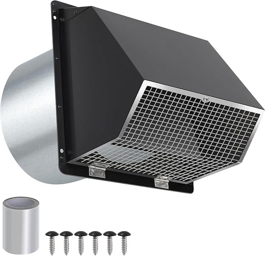 7Inch Wall Vent with Screen and Damper,Galvanized Steel Hooded Wall Vent Cover Cap Exhaust Vent Cover Outside,Exterior Vent Hood Outdoor for Kitchen Range Hood Laundry Dryer Bathroom Fan Duct Air Vent