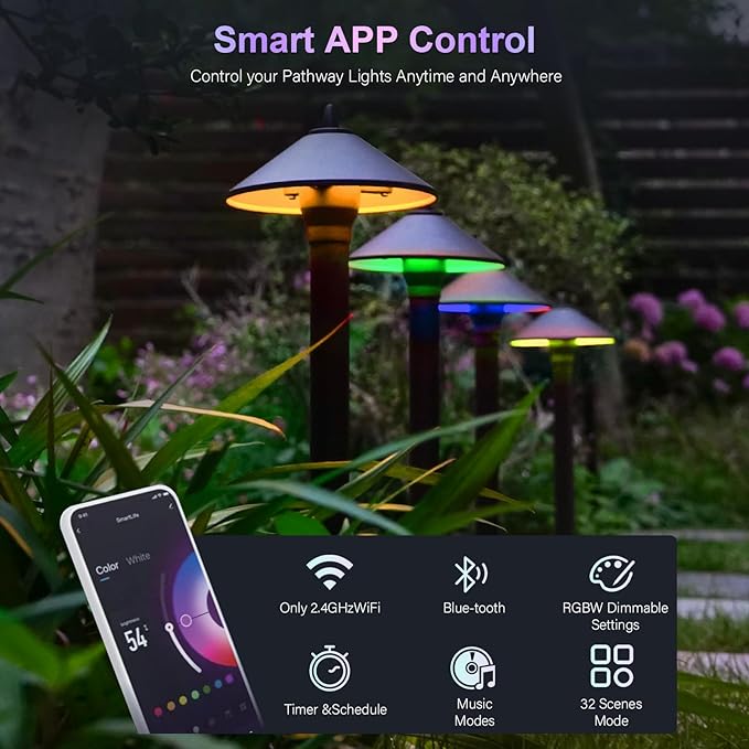 GOODSMANN Landscape Lighting RGBW 12PK Low Voltage Path Lights with Color Changing 2W 12V AC Landscape Lights 2900K with Cable Connectors