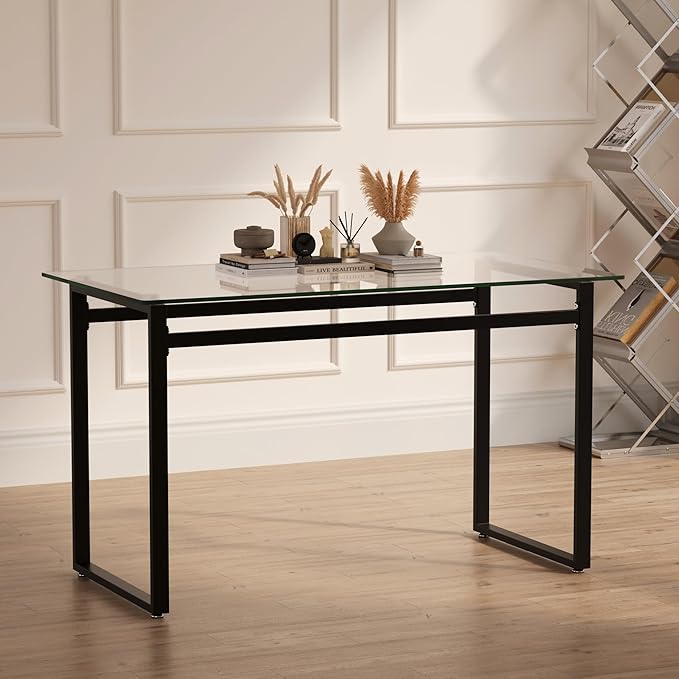 Goujxcy Glass Dining Table Modern 51'' Rectangle Kitchen Table for 4 with Tempered Glass Tabletop and Metal Legs for Kitchen, Dining Room, Restaurants (Black)