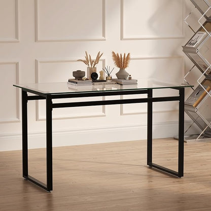 Goujxcy Glass Dining Table Modern 51'' Rectangle Kitchen Table for 4 with Tempered Glass Tabletop and Metal Legs for Kitchen, Dining Room, Restaurants (Black)