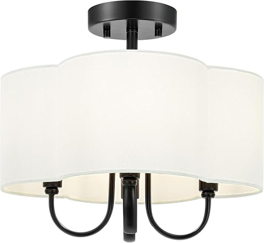 4-Light Semi Flush Mount Ceiling Light, 13.5" Vintage Light Fixtures Ceiling Mount with Fabric Shade in Quatrefoil for Kitchen Entryway Hallway Bedroom, Matte Black, SM179-MB