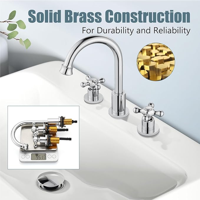 Aolemi 8 Inch 3 Holes Widespread Bathroom Sink Faucet Double Cross Handle SUS304 360 Degree Swivel Spout with Pop Up Drain Deck Mount Lavatory Mixer Tap Polish Chrome