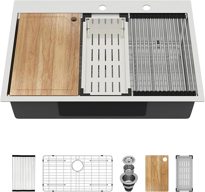 30 Drop In Kitchen Sink - Oumuch 30x22 Inch Stainless Steel Drop In Single Ledge Workstation Sink 16 Gauge Single Bowl Topmount Sink, 30"x22"x9"